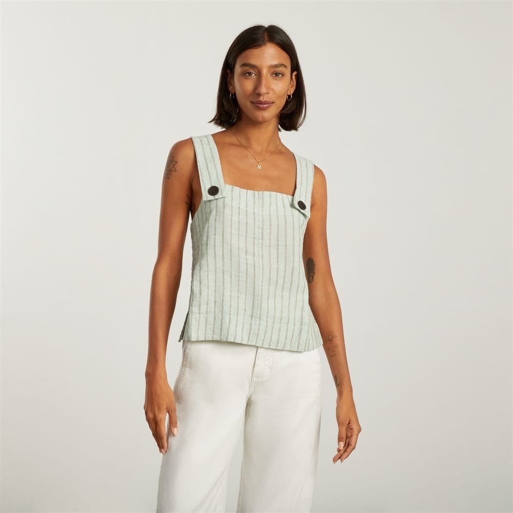 Everlane Apron Tank Top Linen Striped Green Seafoam Pinstripe Size 6 Minimalist